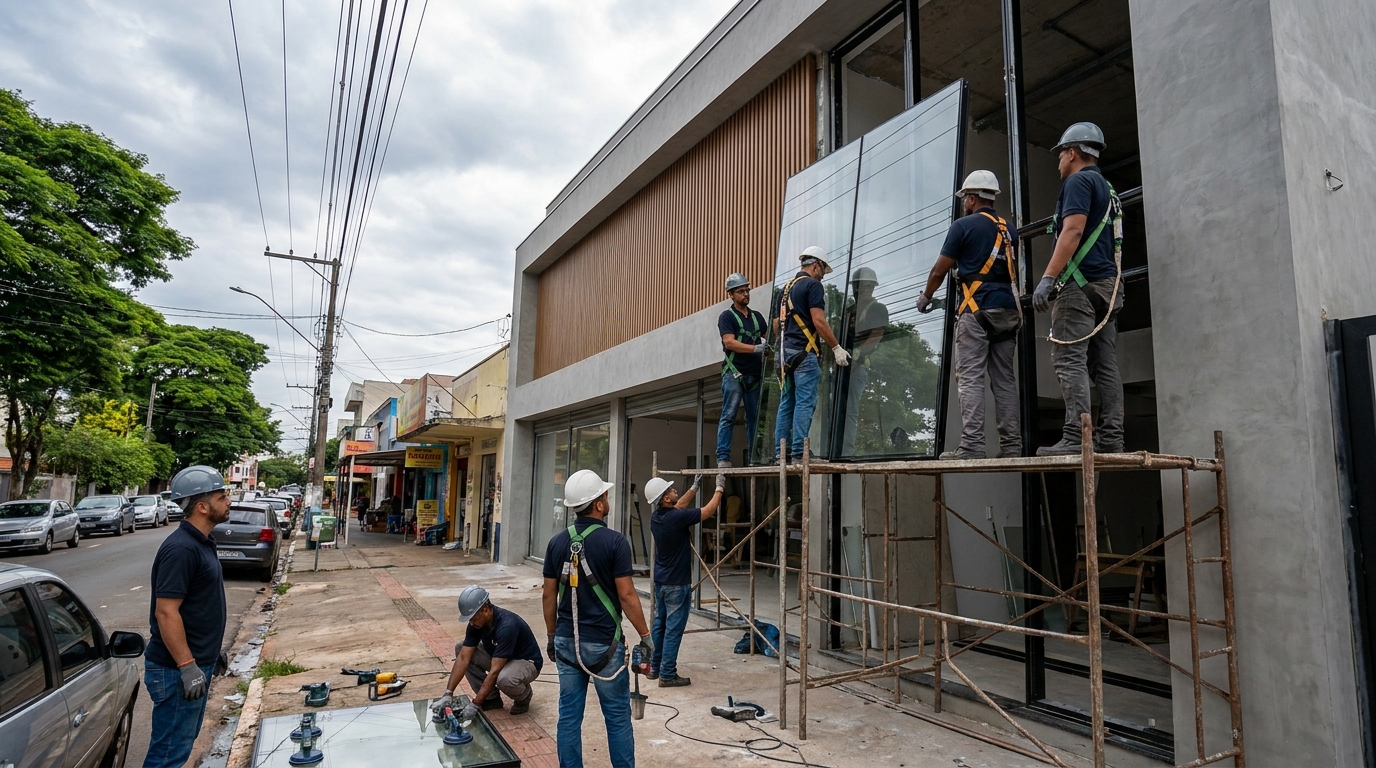 Fachada de vidro com andaime lateral em Aracaju-SE