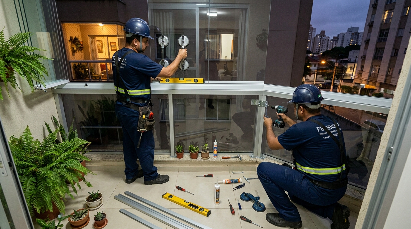 Instalação noturna de parede de vidro em Aracaju-SE