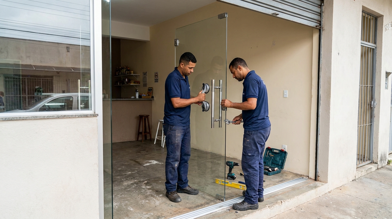 Dupla instalando porta de vidro em loja em Aracaju-SE