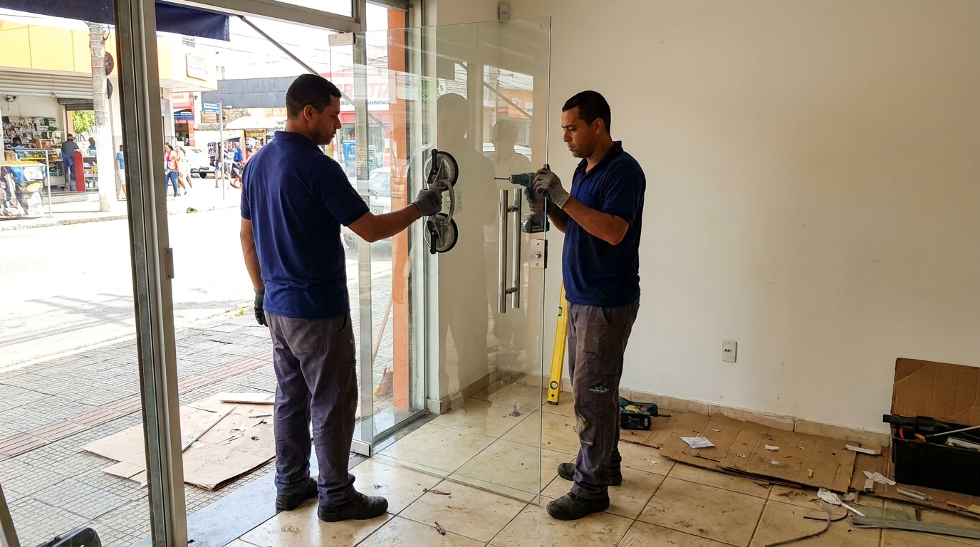 Porta de vidro de loja em rua movimentada em Aracaju-SE