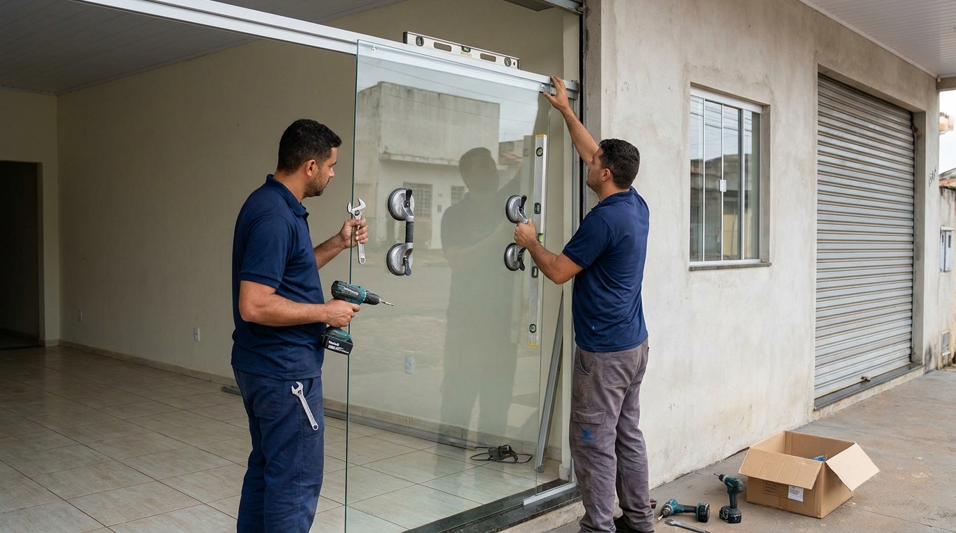 Vidraceiro com chave de boca em porta em Aracaju-SE